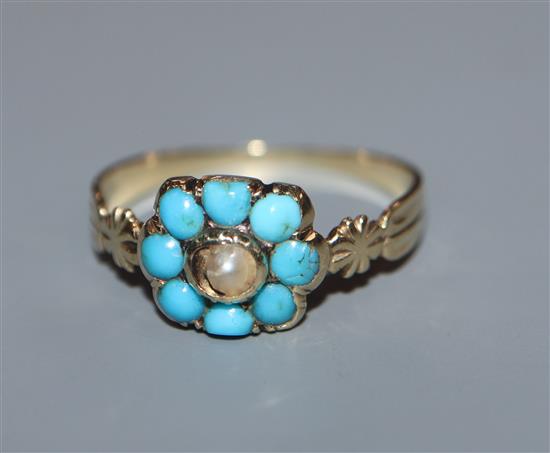 A Victorian yellow metal, turquoise and seed pearl cluster ring, size I.